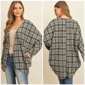 Gray Plaid Open Cardigan With Pockets S